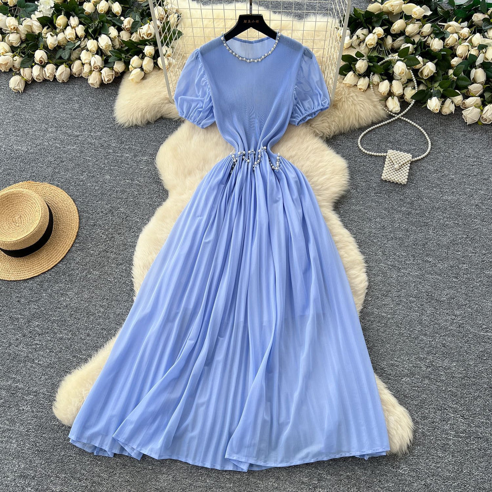 French-style heavy beaded and rhinestone embellished round neck puff sleeve dress - women's  summer cinched waist elegant pleated maxi dress