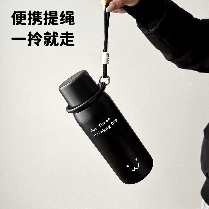 Smiling face double drink thermos cup for girls, good-looking bowl lid, student straw cup, large capacity water cup, wholesale personalized logo