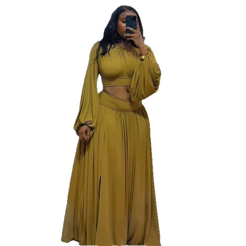 European and american style women's clothing  new sweet round neck lantern sleeve short blouse high waist flared midi skirt two-piece set