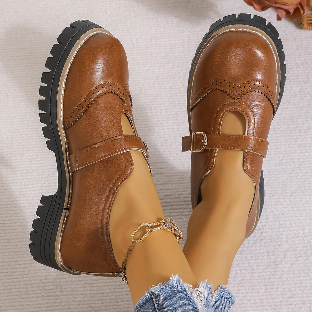 Exportplus size british style thick sole loafers for women  new belt buckle carved cut out small leather shoes wholesale