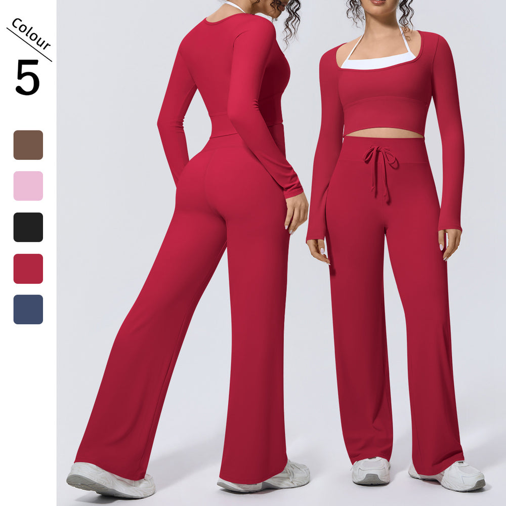 Naked feel quick-drying tight-fitting yoga clothes fake two-piece with chest pad sports long sleeves drawstring wide-leg running fitness suit for women