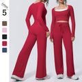 Naked feel quick-drying tight-fitting yoga clothes fake two-piece with chest pad sports long sleeves drawstring wide-leg running fitness suit for women
