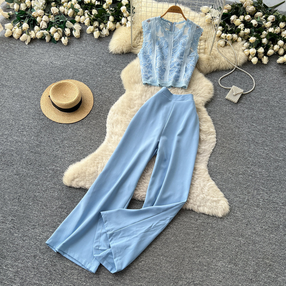 Light mature style classy sense lace vest high waistloose pantstwo-piece set women's summerwork clothingslimming looksuit