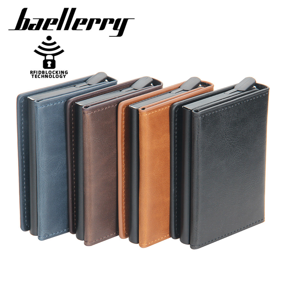 Baellerry's new men's card bag aluminum box anti-magnetic and anti-theft short automatic elastic card type high-sense card cover for men
