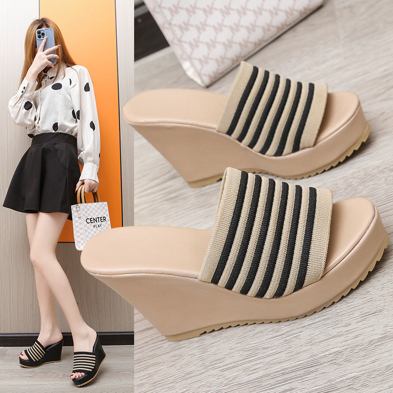 Slippers women's fashion outer wear 2022 summer new women's slope heel sandals thick bottom high heel muffin bottom one word