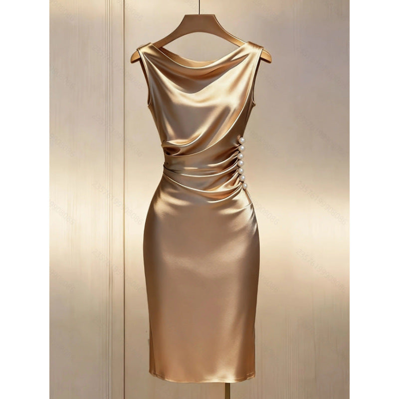 European and american cross-border women's summer new french elegant fashion satin sleeveless slim-fit midi dress