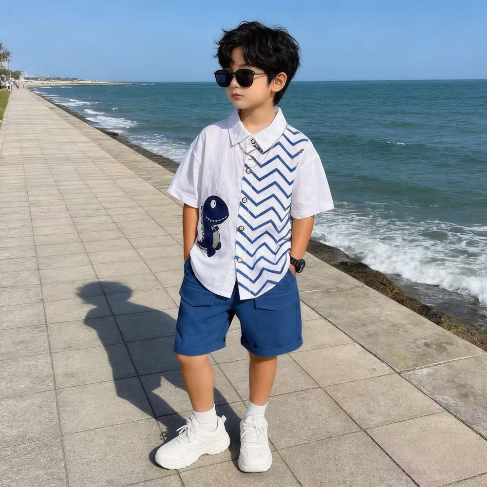 wholesale of children's and toddler's clothing: new summer collection featuring collared shirts with dinosaur prints and cargo shorts sets, in stock and ready to ship