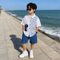 wholesale of children's and toddler's clothing: new summer collection featuring collared shirts with dinosaur prints and cargo shorts sets, in stock and ready to ship