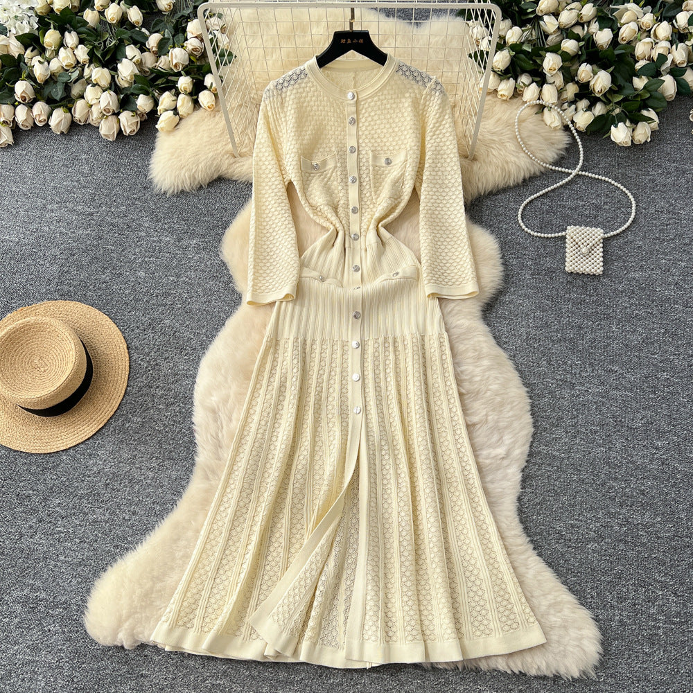 French gentle style niche heavy industry cut out crochet knittingdress women's autum metal button waist slit long skirt