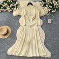French gentle style niche heavy industry cut out crochet knittingdress women's autum metal button waist slit long skirt