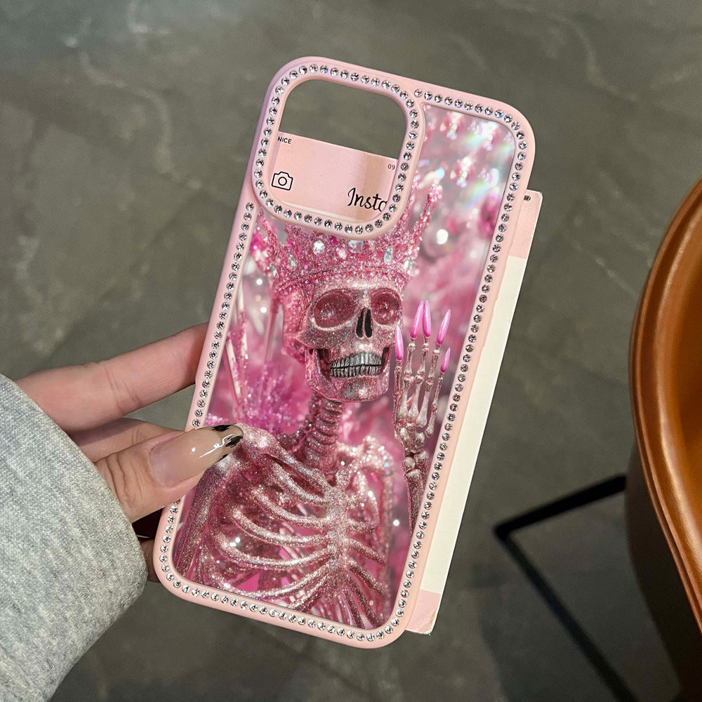 Suitable for iphone 16 pink skull rhinestone mobile phone case apple 17 stylish cool high-end anti-fall protective cover