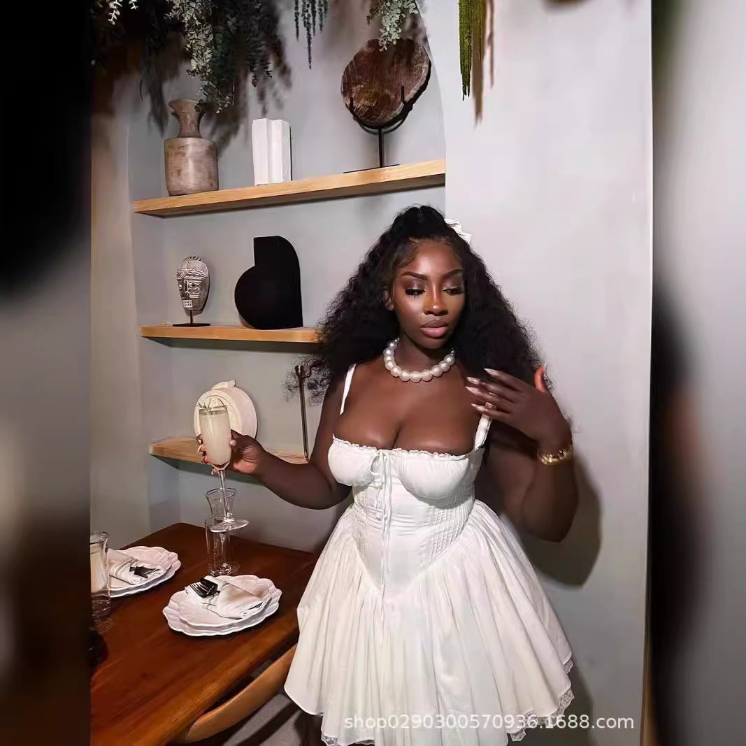 SDM38 lace suspender white babes dress adjustable straps slim skirt wholesale dress clearance