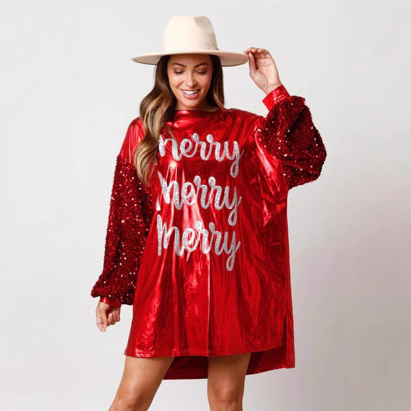 European and american cross-border women's fashion  christmas new arrival sequin long sleeve patchwork round neck printed midi dress