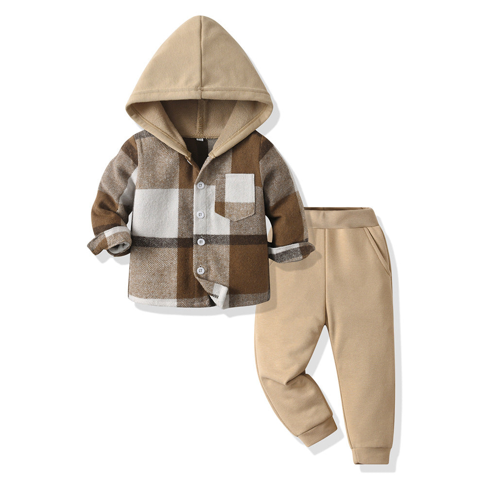 boys' autumn suit, new handsome fashionablekids autumn suit, plaid shirt two-piece set, baby boy autum children's clothing