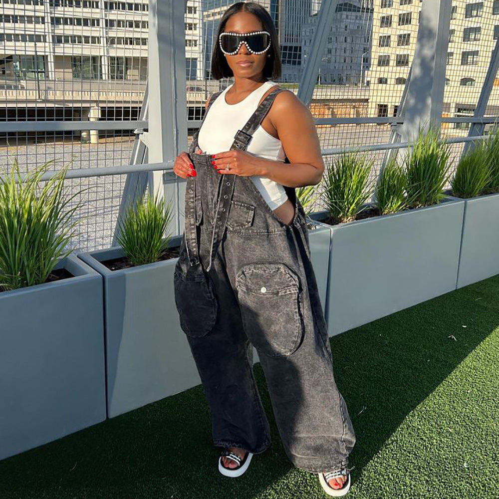 Fashion cross-border women's clothing  ins style stylish street large flap pocket pants loose suspender jeans