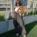 Fashion cross-border women's clothing  ins style stylish street large flap pocket pants loose suspender jeans
