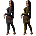 X5206   fashion european and american new nightclub hot diamond v necklong sleevespants women's two-piece set