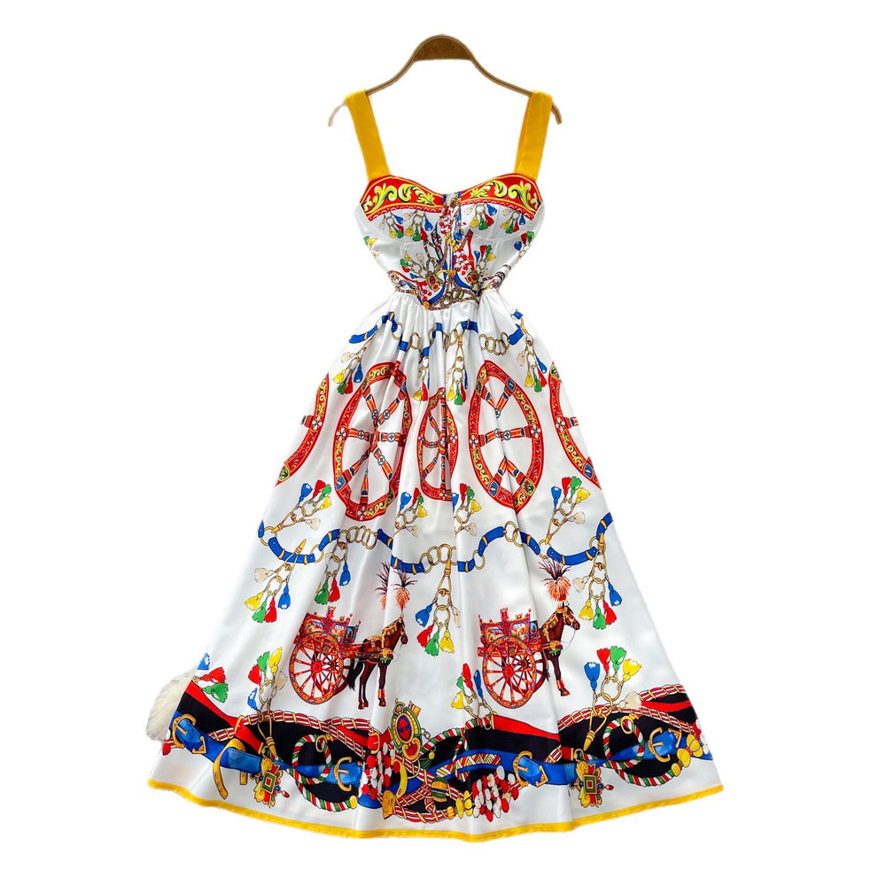 Vacation style carriage printing suspender dress women's summer sleeveless high waist silmelegant mid-length skirt french