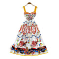 Vacation style carriage printing suspender dress women's summer sleeveless high waist silmelegant mid-length skirt french