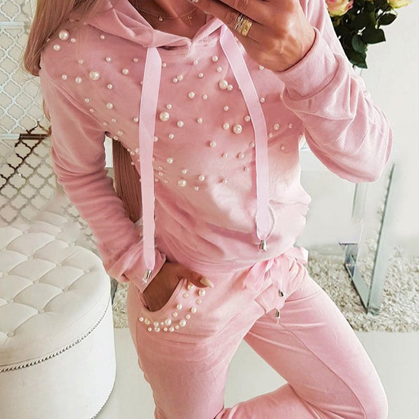 LZR7966 New European and American women's clothing pink bubble bead decorative casual set 2-piece set