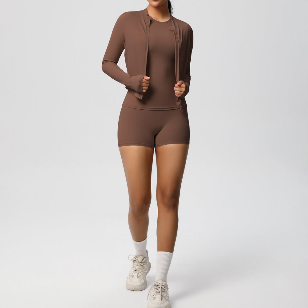 new breathable brushed fleece long-sleeve workout set - solid color three-piece gym outfit for women