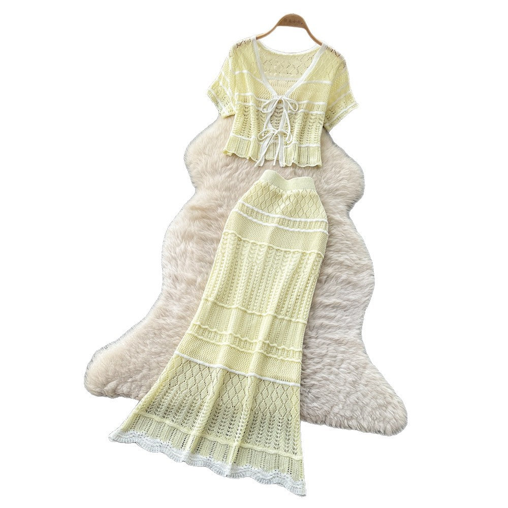 Korean style commute outfit: women's summer knitted two-piece set - v-neck tie-up slim fit suit with white color block stripes
