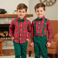 Boys' suit set - new export style, kids' christmas gentleman outfit, long-sleeve plaid shirt, autumn/winter green overalls