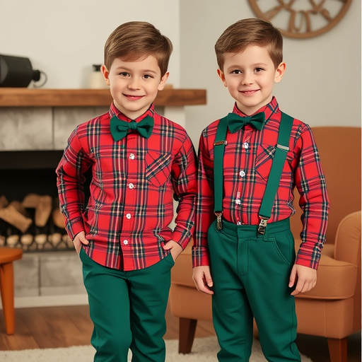 Boys' suit set - new export style, kids' christmas gentleman outfit, long-sleeve plaid shirt, autumn/winter green christmas set