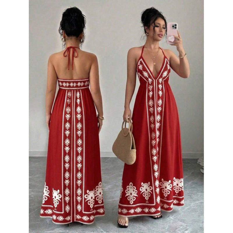 Amazon bohemian chic beach vacation print v-neck backless maxi slip dress