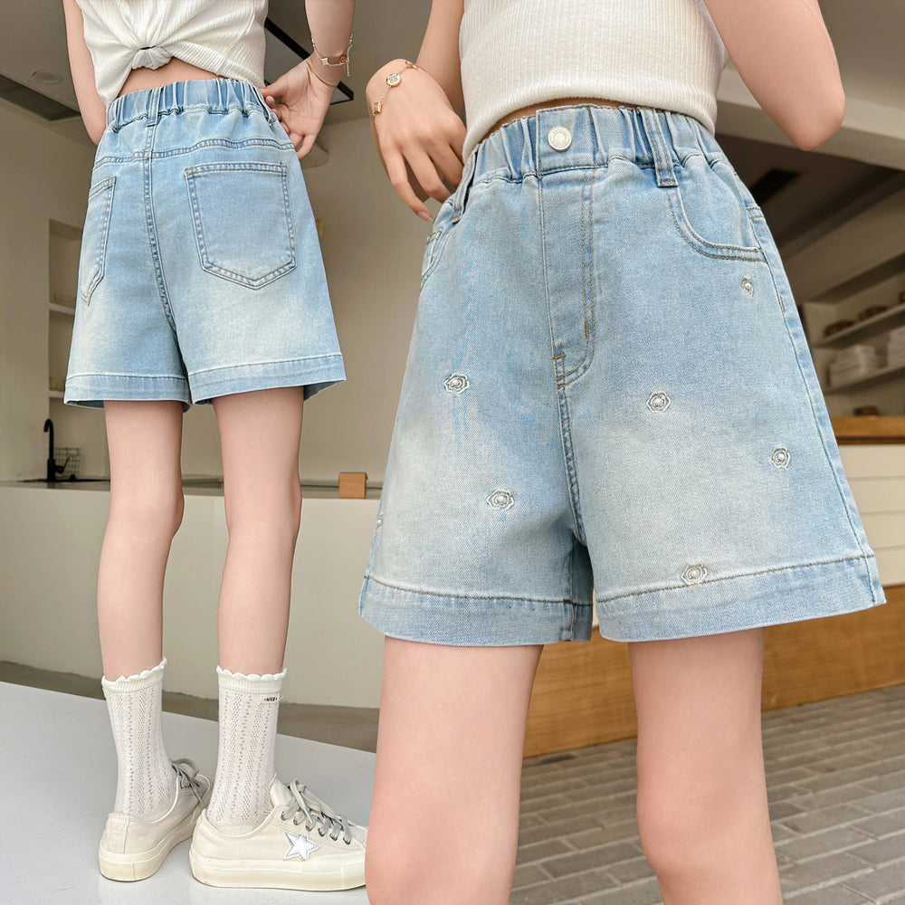 Girls' beaded denim shorts - stylish summer outfit for older kids & toddlers - lightweight, breathable, and versatile hot pants