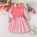 girls' spring pink vest knit top with heart embroidery - preppy two-piece set