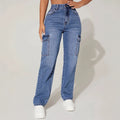 European and american style women's washed high-waisted cargo jeans - american multi-pocket straight-leg denim pants