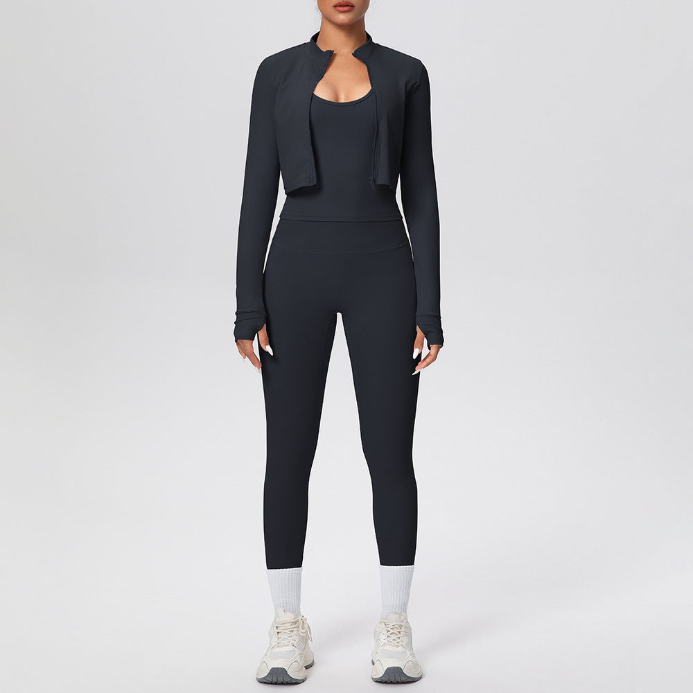 brushed tight drawstring halter vest nine-point long three-piece set sports running fitness yoga suit