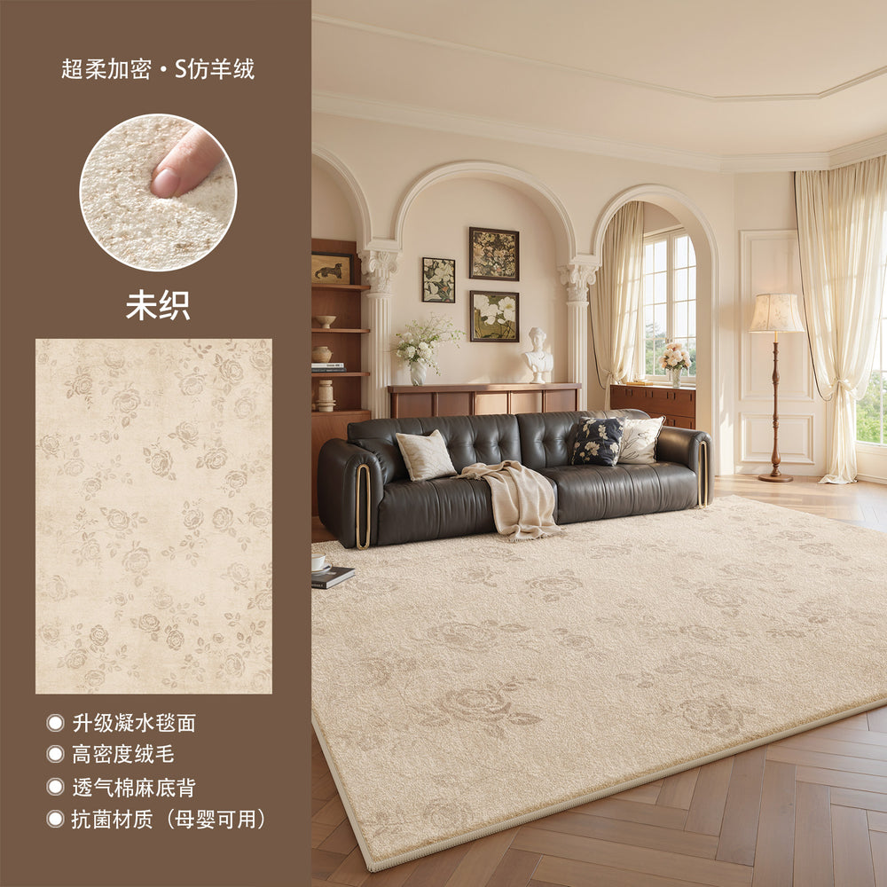 French retro style rug - vintage waterproof plush carpet for living room, bedroom, bedside, soundproof floor mat, coffee table area, full coverage