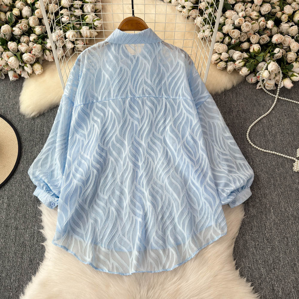 Fashionable age-reducing shirt for women french heavy industry sequinembroider diamond-encrusted easiest for matchclassy lantern sleeve slimming looktops trendy