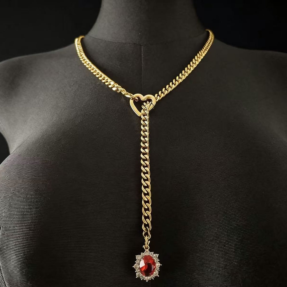 ins style niche design retro gold necklace heart ruby pendant stacked cuban chain necklace