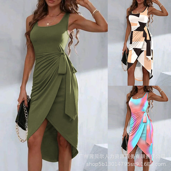 T1ODF2276/ODF2276 women's clothing European and American new solid color strap irregular hem casual dress