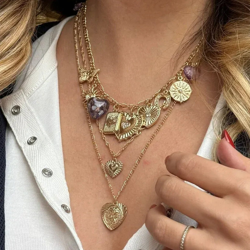 Punk stacked love pendant wholesale european and american cross-border jewelry retro necklace niche high-end embossed necklace for women
