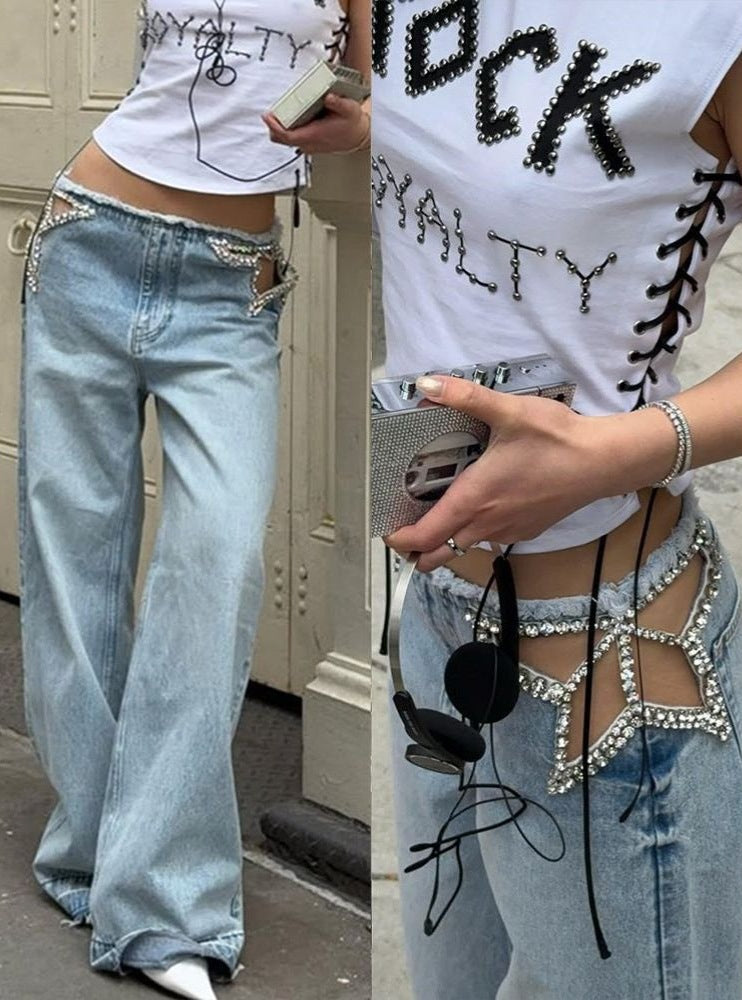 Ready stock - yt285#  cross-border fashion star cutout hotfix rhinestone women's hot girl wide leg denim jeans pants