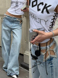 Ready stock - yt285#  cross-border fashion star cutout hotfix rhinestone women's hot girl wide leg denim jeans pants