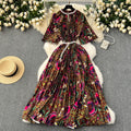 European and american high-end elegant dress - new women's beaded round neck short sleeve cinched waist loose pleated printed maxi dress