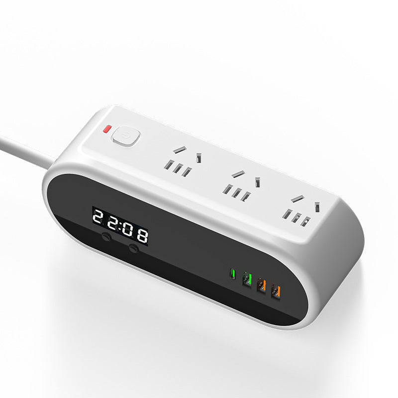 Multi-functional usb power strip with time display - ideal for home, dorm, bedside, overload protection, and office use