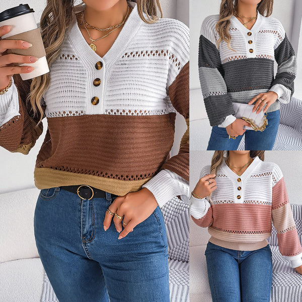 Real autumn and winter European and American casual button V-neck hollow color matching lantern sleeve pullover sweater, independent station  women's clothing