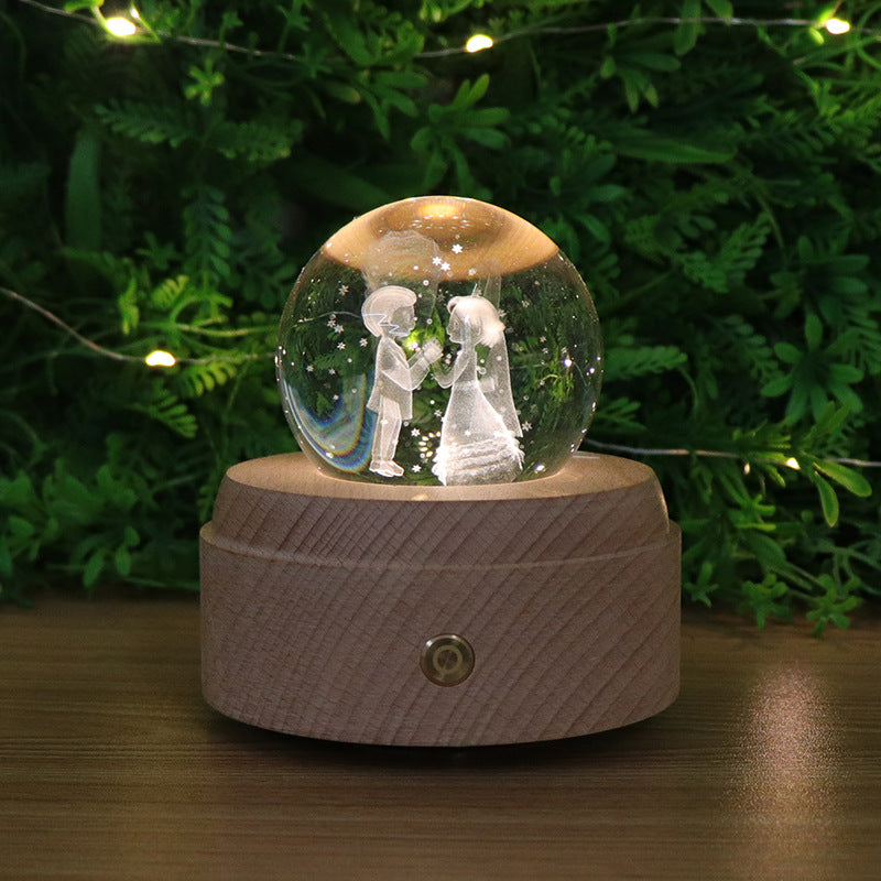 Touch dimming charging night light 3D crystal ball ambient light rotating music box bedroom ornament