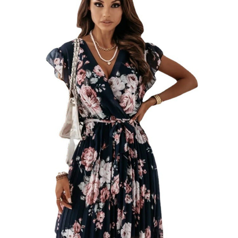 Dresssummernew arrival women best selling flutter sleeves waist floral pleated skirt