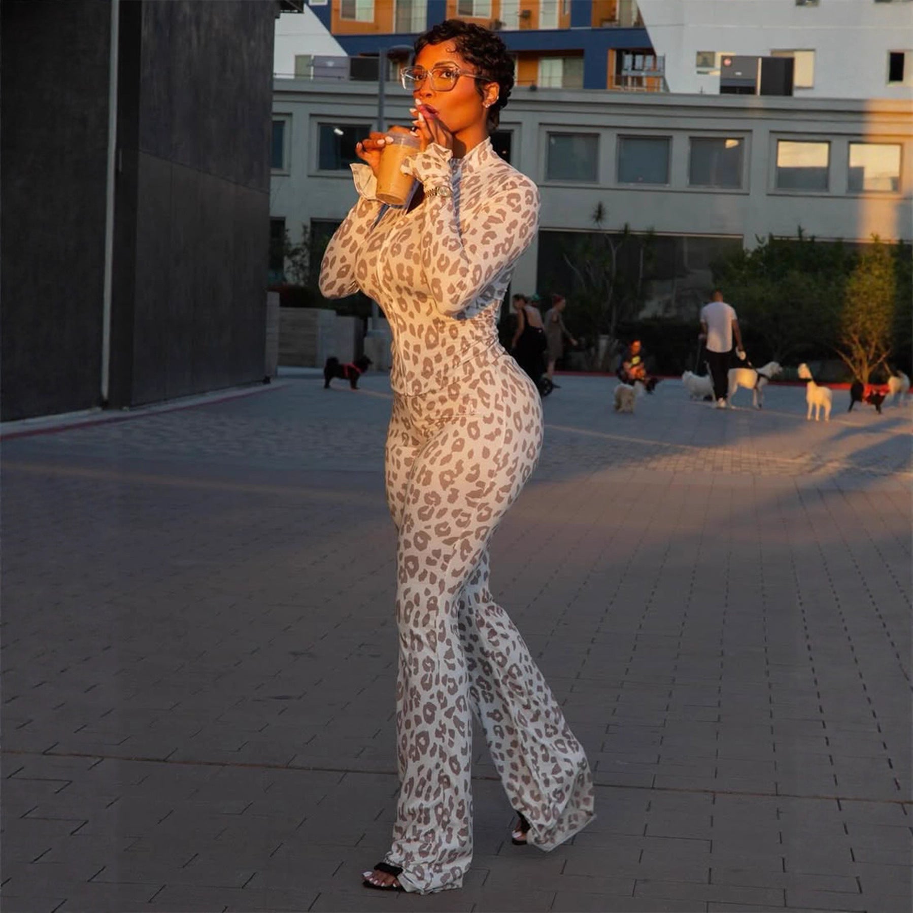 Cross-border European and American style 2025 autumn new suit fashionable spice girl leopard print slim cardigan trousers two-piece set