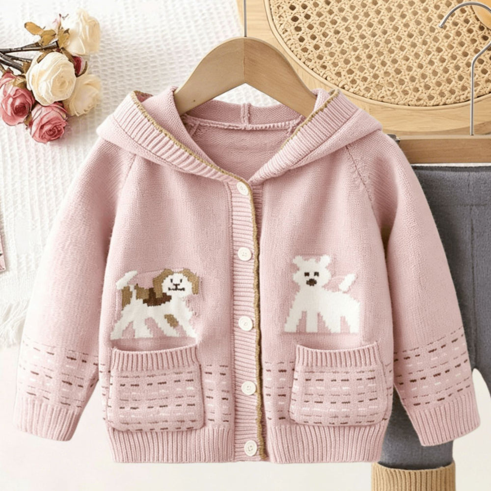 Girls' fall/winter new arrival: cute puppy jacquard hooded sweater jacket & loose pink knit two-piece set