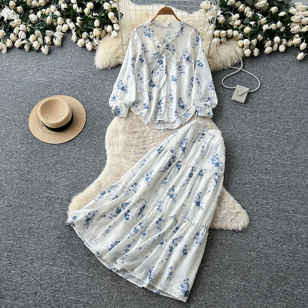 Gentle wind floral light mature style two-piece set female early autum strap waist slimming lookelegantsuitwork clothing outfit
