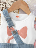 summer new sleeveless bow print top + cross-strap denim shorts set - exquisite denim two-piece