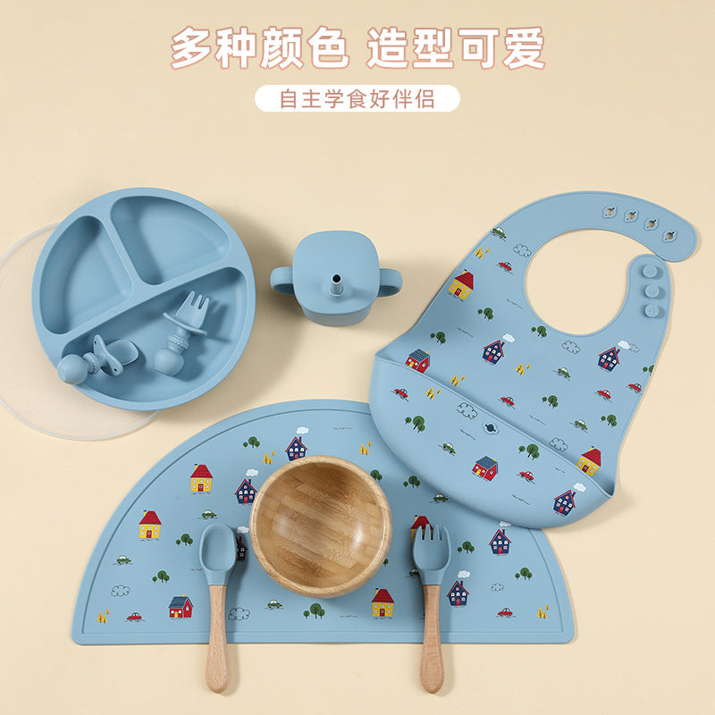 Cross-border wholesale silicone children's tableware set, children's products, complementary food bowls, forks, spoons, bibs, seven-piece tableware set
